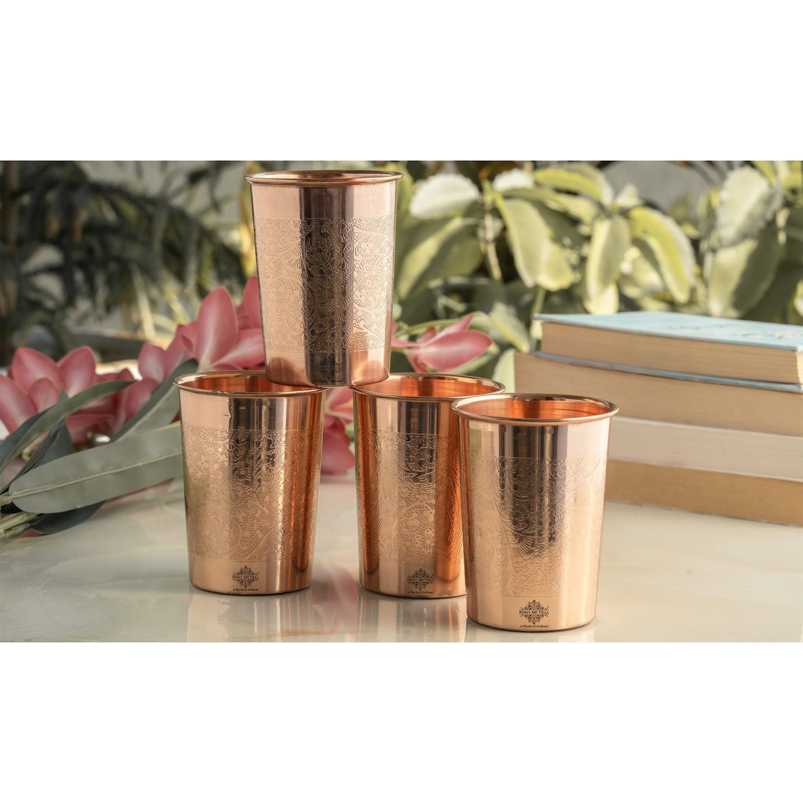 INDIAN ART VILLA Pure Copper Embossed Design Glass - 275 ML, Copper Tumbler for Water Drinking, Elegant Drinkware & Serveware, Perfect for Gifting, Home, and Festive Décor, Set of 4