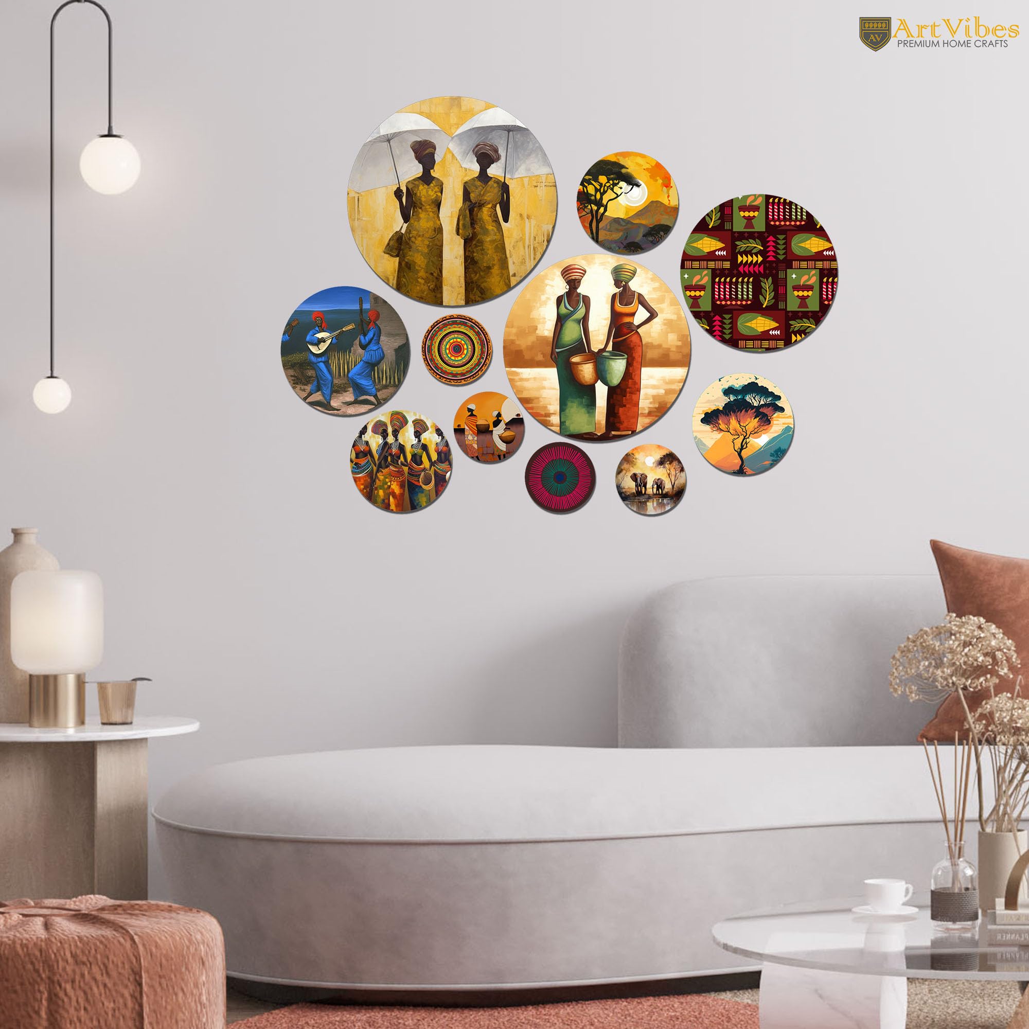 Artvibes African Tribal Dance & Their Routine Folk Art Round Shape MDF Wooden Wall Decor Items for Home | Art For Wall | Modern Decor Artwork | Wall Illustrations | Unique Gift (WPS_147N), Set of 11