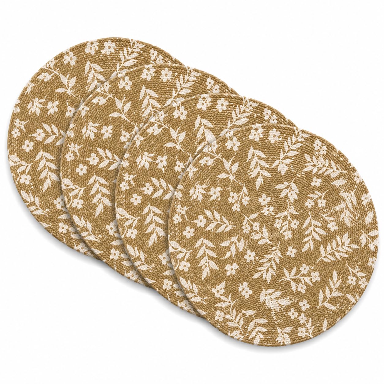 VIBGYOR Decor Dining Round Jute Table Mats Set of 4 | Heat Resistant, Non-Slip, Washable & Anti-Skid Round Placemats | Durable Cotton Jute Table Mats for Home, Kitchen & Restaurant (4, Floral) Kafalo