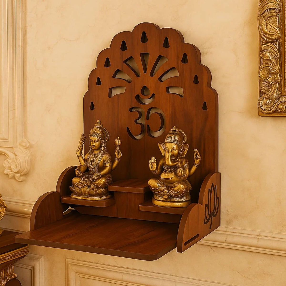 HOMEWEY DECOR Handcrafted Wooden Home Temple for Wall Mount | Premium Pooja Mandir with Strong Support for Heavy Idols | Luxurious Finish Wooden Mandir for Home Office and Prayer Room (Style-01)