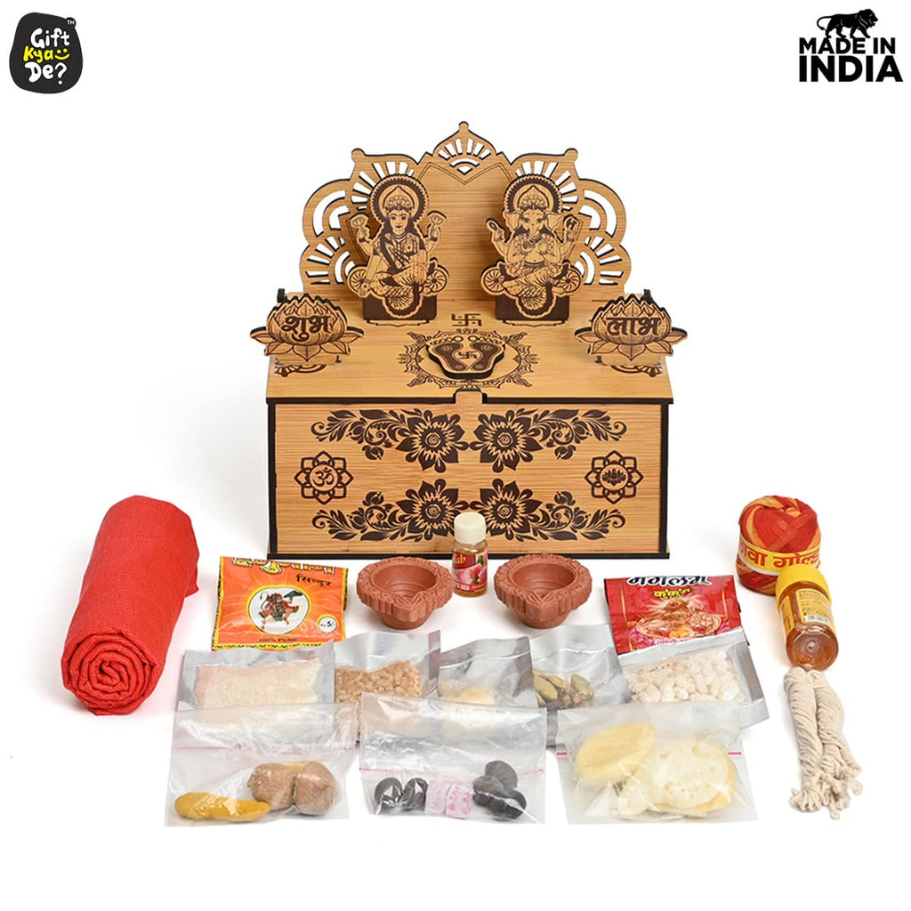 GKD Gift Hamper Special Mini Mandir with Pooja Samagri, 2 Diya's - Wooden Gift Box with Storage Temple Traditional Design with Space to Keep Dry Fruits, Chocolates/Hanging Mandir (Bamboo Big Size)