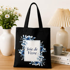 Adorvue New Launch Black Canvas Tote Bag for Women with Blue Floral Joie de Vivre Print | Cotton Reusable Shopping Shoulder Bag | Botanical Eco-Friendly Tote for College, Office, Travel & Daily Use