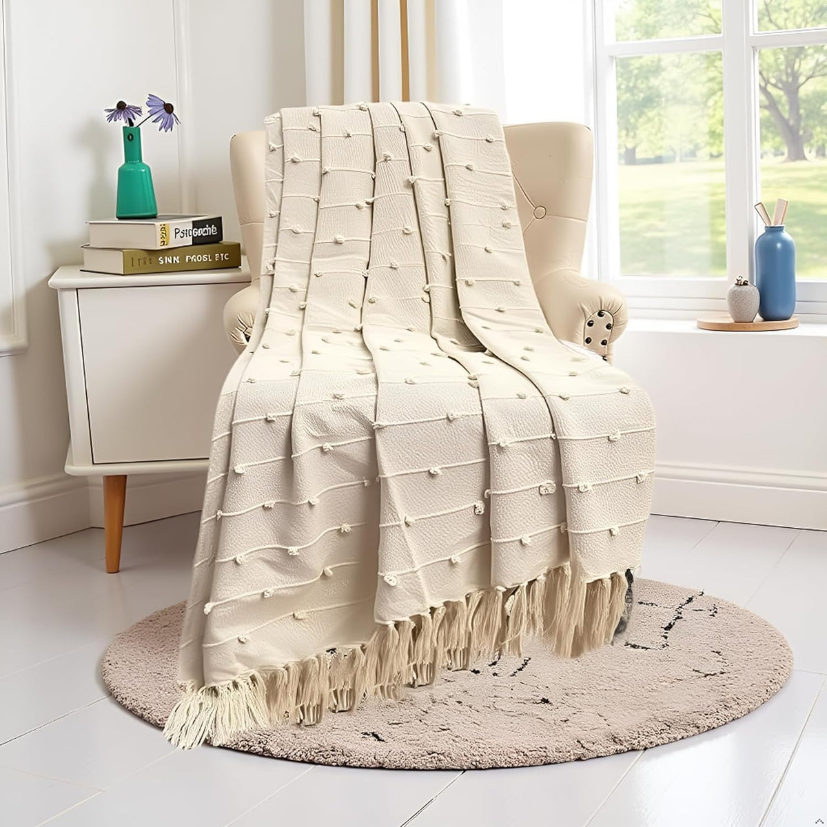 Tarantaran Home Hand-Knitted Cotton Sofa Throw | All-Season Throw Blanket for Sofa, Bed, Couch, Chair & Travel | 80×52 Inches (204×132 cm)(Beige) Kafalo