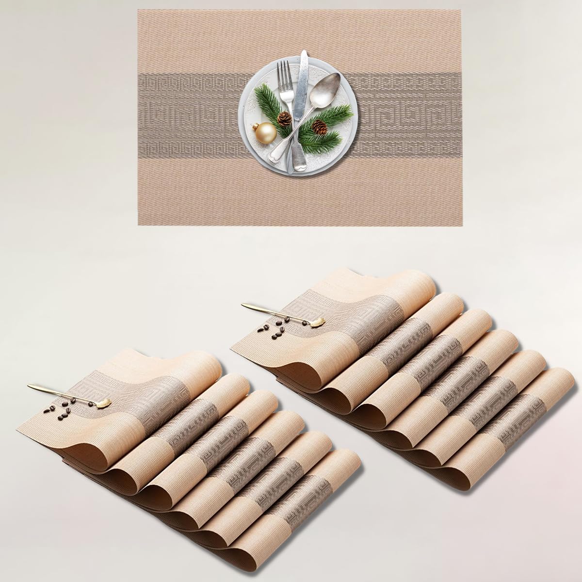 Lellow Woven Vinyl Stylish Washable Dining Table Placemats - (Almond Beige, Pack of 12) Kafalo