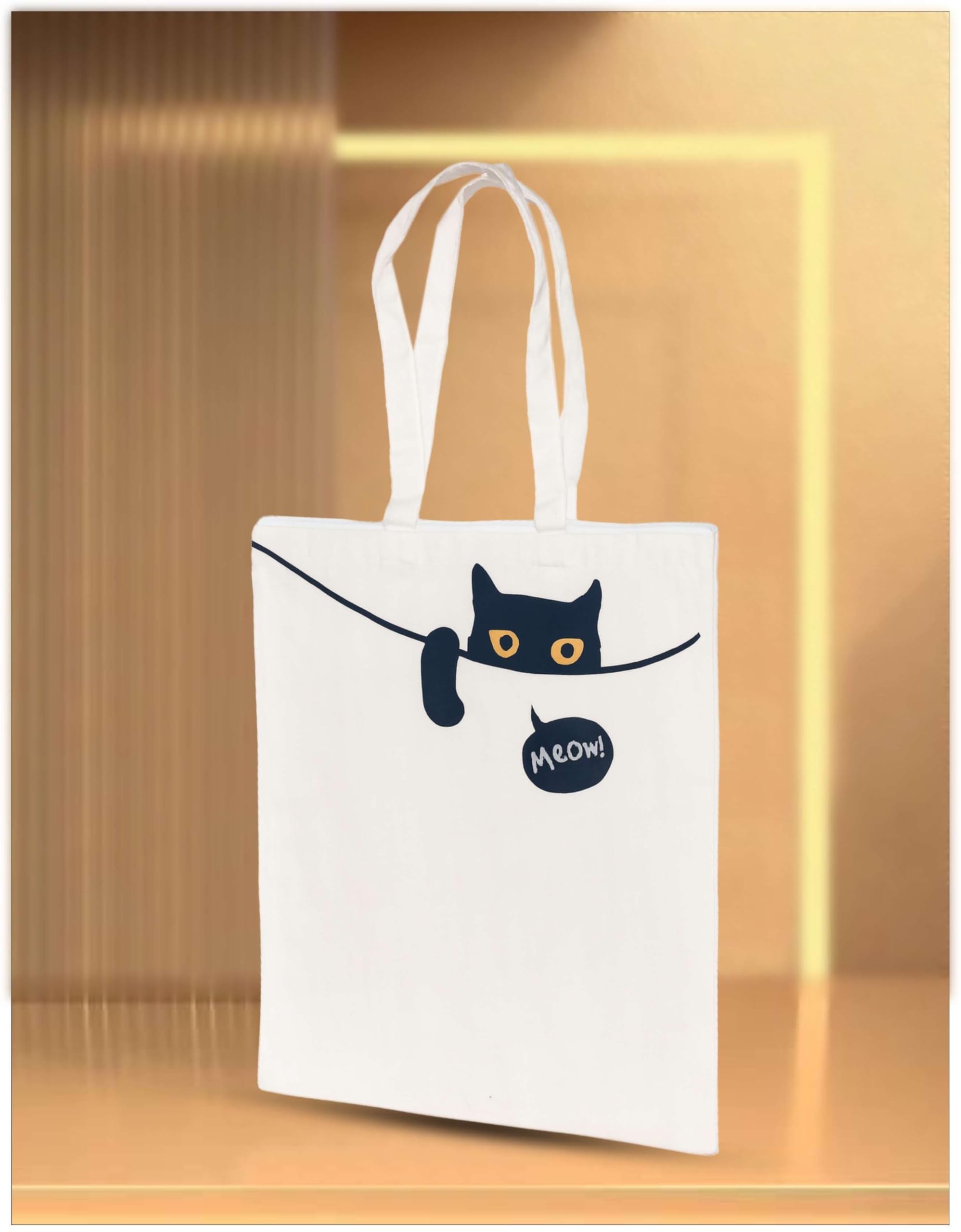 PB Pearlbags Canvas Tote Bag With Zip For Women, Duplex Printed Tote Bags for Women For Travelling, Shopping and College, Eco-friendly Stylish Modern Canvas Tote bags Meow-Offwhite