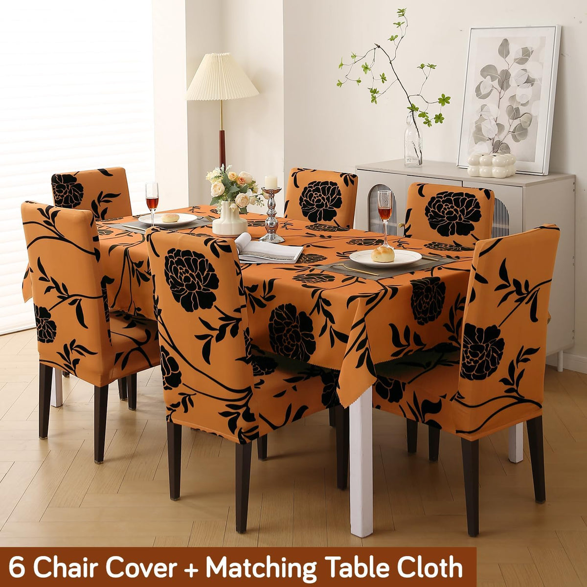HOKIPO 'Elira Series' Stretchable Set of 6 Dining Chair Cover with Matching Tablecloth, Copper Brown Floral (NEW-AR-5372-C8)