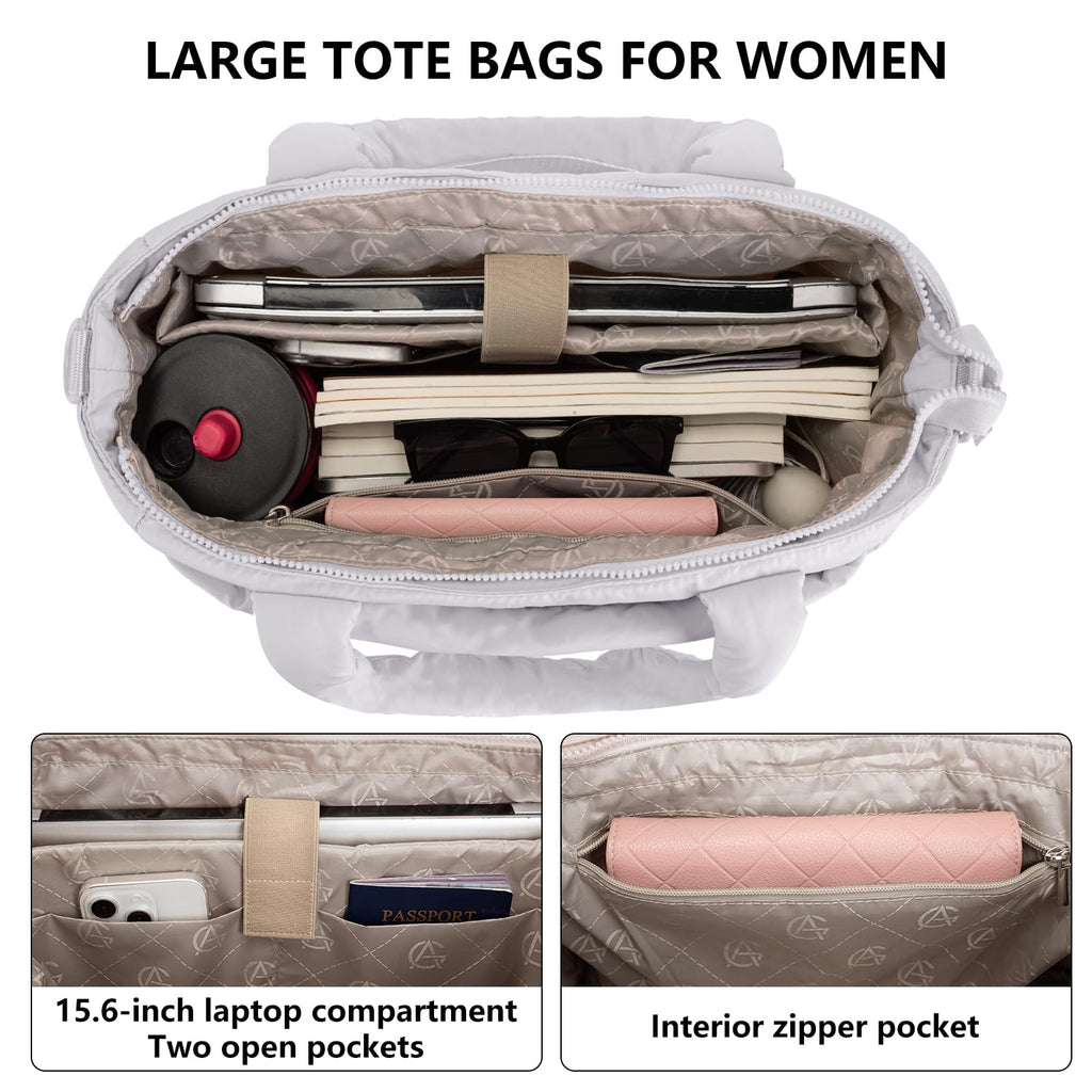 Puffer Tote Bag for Women Quilted Nurse Bag Lightweight Work Bag for Teacher Travel Handbag with Multiple Pockets, Light Gray, Large