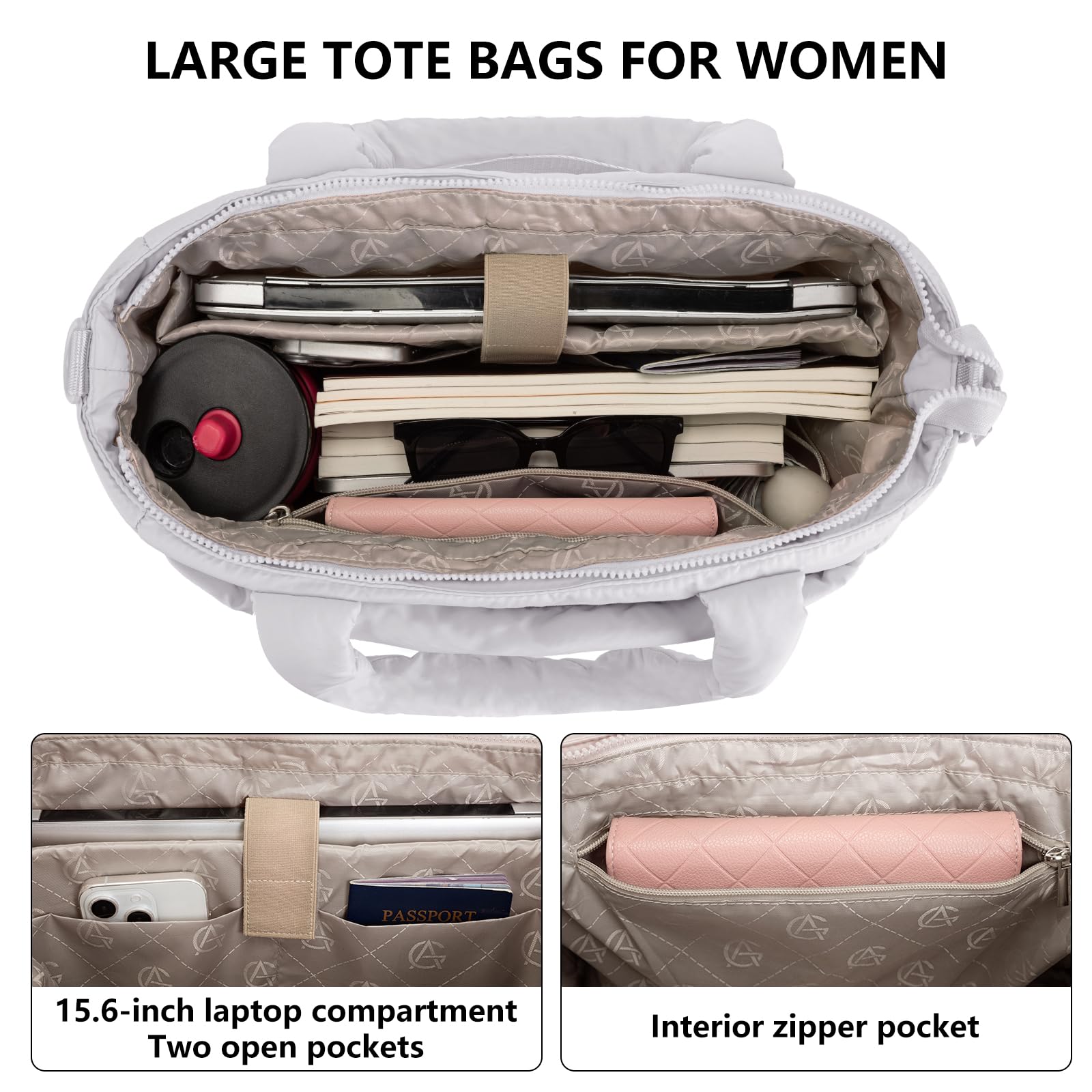 Puffer Tote Bag for Women Quilted Nurse Bag Lightweight Work Bag for Teacher Travel Handbag with Multiple Pockets, Light Gray, Large