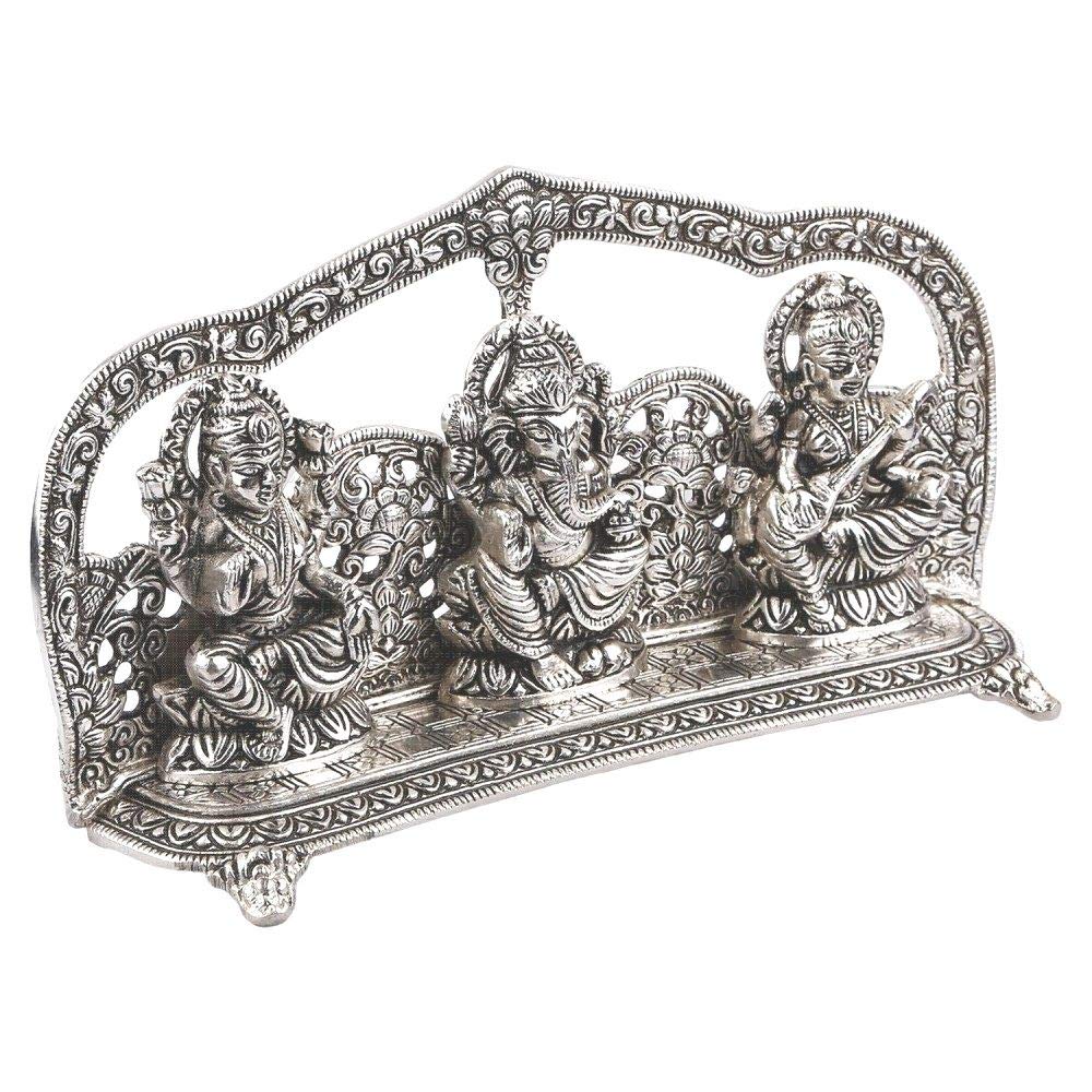 Prince Home Decor & Gifts Laxmi Ganesh Saraswati Idol Decorative Platter with Diya Laxmi Ganesha Murti Showpiece Antique Gift (Silver)