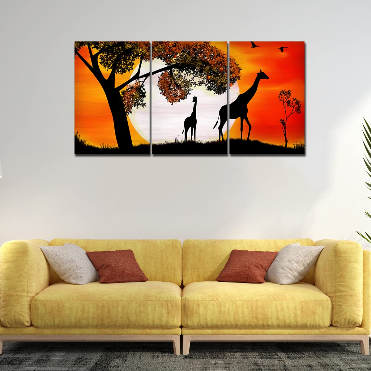 VIBECRAFTS 3 Pieces Giraffe Under A Tree In Sunset Canvas Wall Painting Fitted With Wooden Frame For Home | Office | Living Room | Gifts(PTVC3Pcs3_11504)