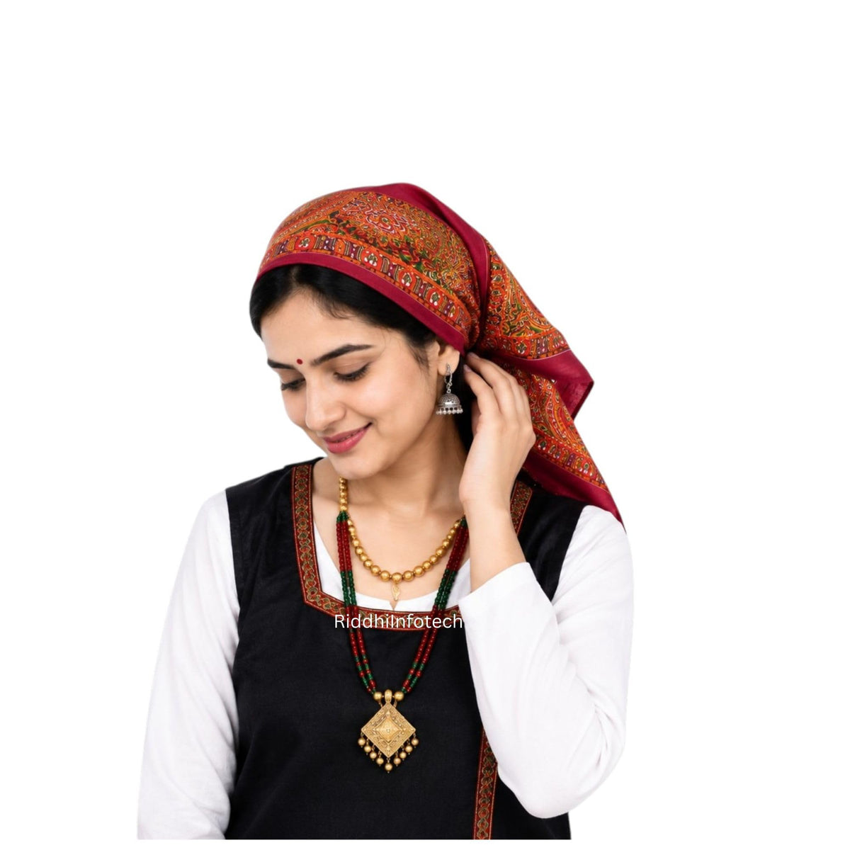 RiddhiInfotech Uttarakhand Pahadi Printed Square Scarf for Women | 26 x 26 Inch Traditional Head Scarf | Vintage Hair Wrap, Bandana, Neck Scarf & Stylish Fashion Accessory | Multicolour