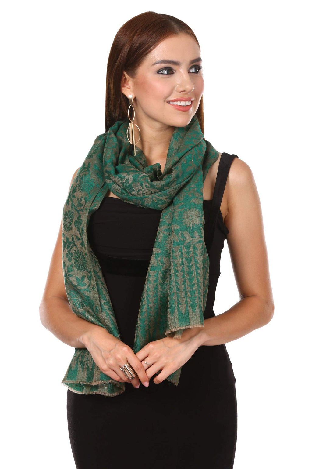 Pashtush Women's Fine Wool Jacquard Fine Wool Blended Luxury Floral Design Soft and Warm Scarf/Stole (Emerald Green, Free Size)