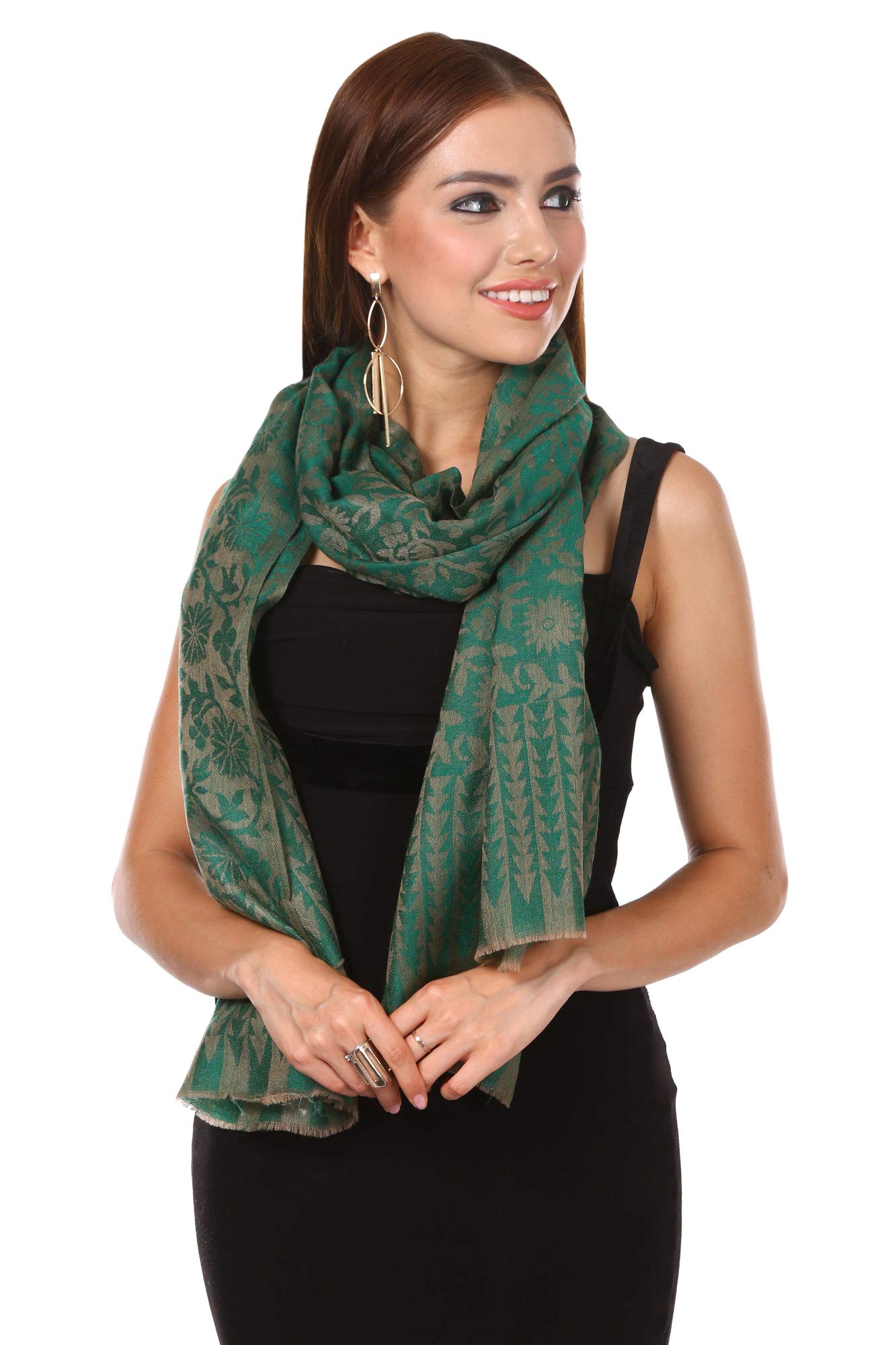Pashtush Women's Fine Wool Jacquard Fine Wool Blended Luxury Floral Design Soft and Warm Scarf/Stole (Emerald Green, Free Size)