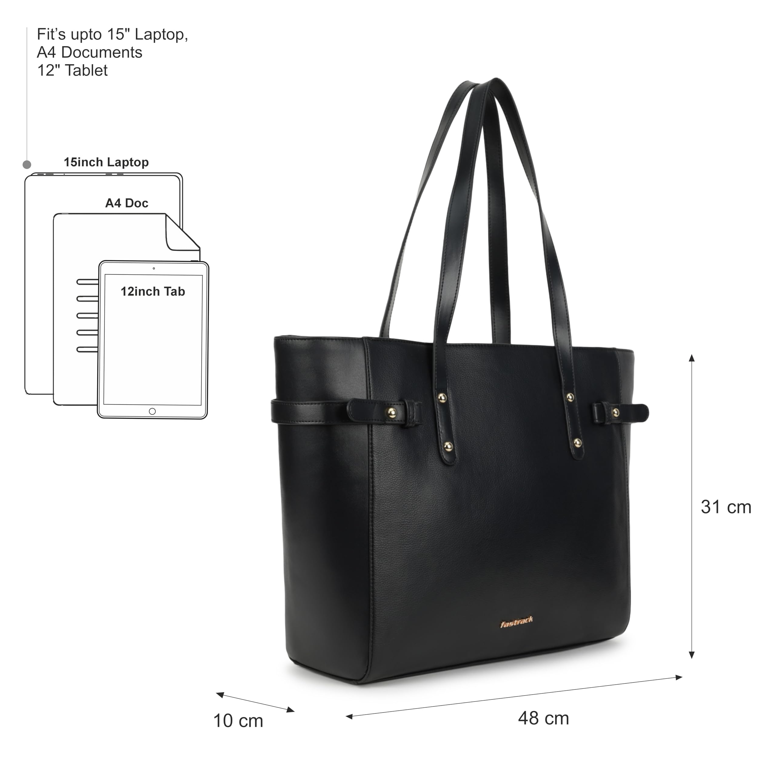 Fastrack Black Powermode Laptop Tote For Women | Black Faux Leather Bag | Fits Upto 15 Laptop | Ladies Tote Bag with Zipper Closure & Utility Pockets