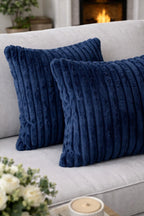 AWARD VELVETS Premium Faux Rabbit Fur Plush Luxury Soft Fluffy Striped Decorative Throw Pillow/Cushion Covers for Sofa, Couch, Living Room - (Navy Blue, 16 x 16 inch) Set of 2