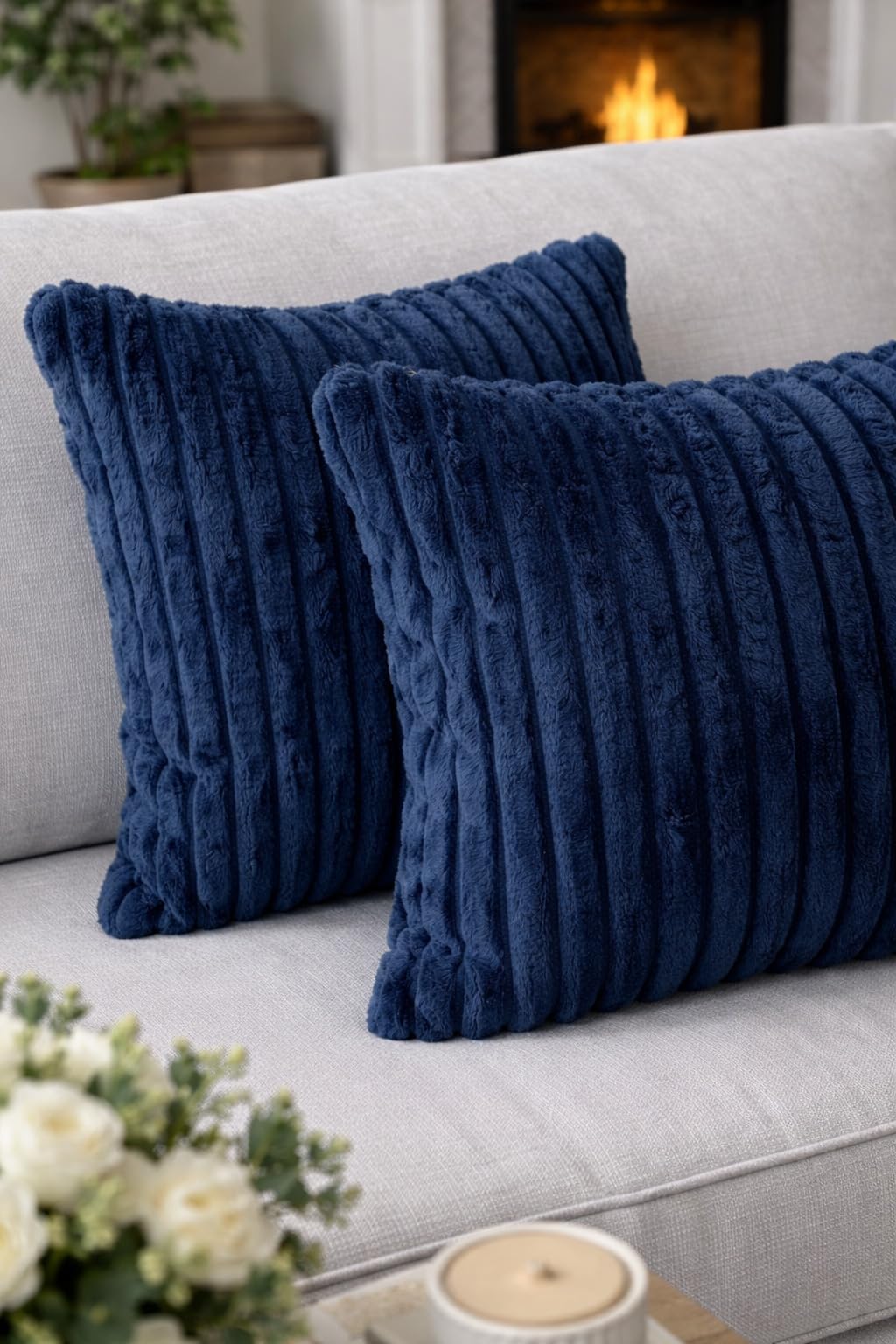 AWARD VELVETS Premium Faux Rabbit Fur Plush Luxury Soft Fluffy Striped Decorative Throw Pillow/Cushion Covers for Sofa, Couch, Living Room - (Navy Blue, 16 x 16 inch) Set of 1
