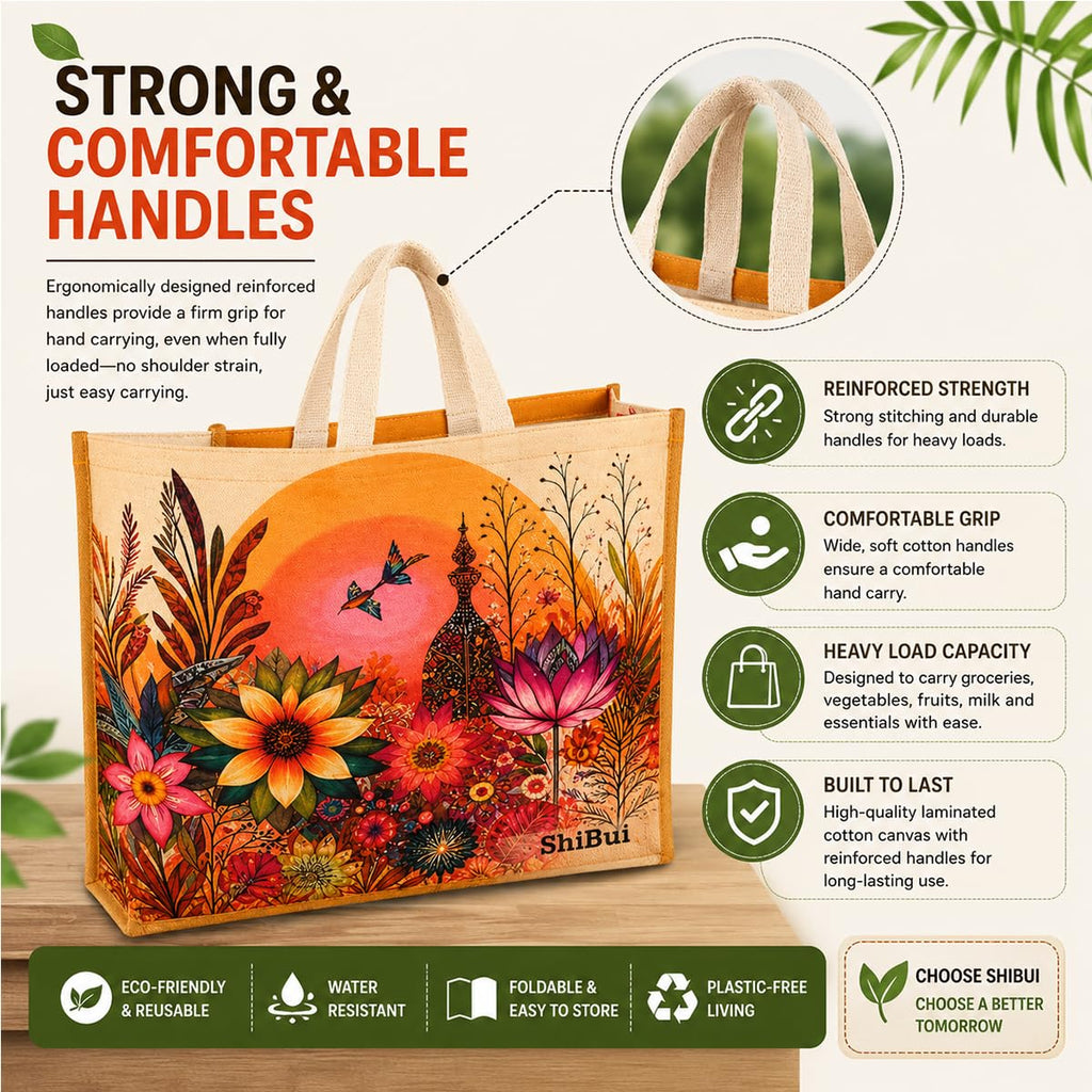 SHIBUI Big Heavy Duty Large Eco Waterproof Cotton Canvas Cloth Grocery Shopping Bag for Men Ladies Vegetable Milk Fruits with Hand Carry Handle Lunch Box Jhola Tote Bags (6, Flower Print)
