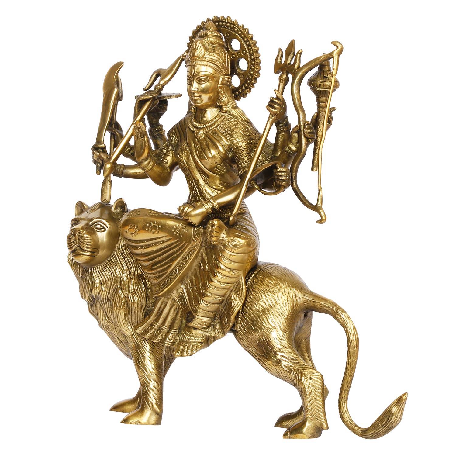 Artavrko Brass Durga Maa/Sherawali MATA Devi/Goddess Sitting on Lion Ten Arms Statue Idol for Home Décor Puja Temple Mandir Showpiece Gifts 11.5 Inch