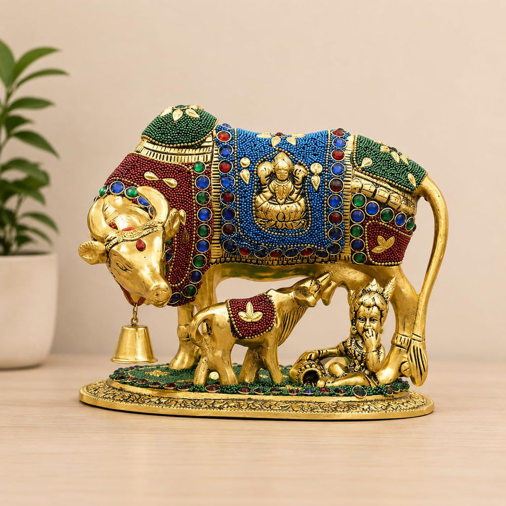 KridayKraft Decorative Kamdhenu Cow,Calf with Bal Gopal Krishna Metal Statue Embellished with Gemstones for Good Luck,Feng Shui,Vastu,Religious Gau MATA