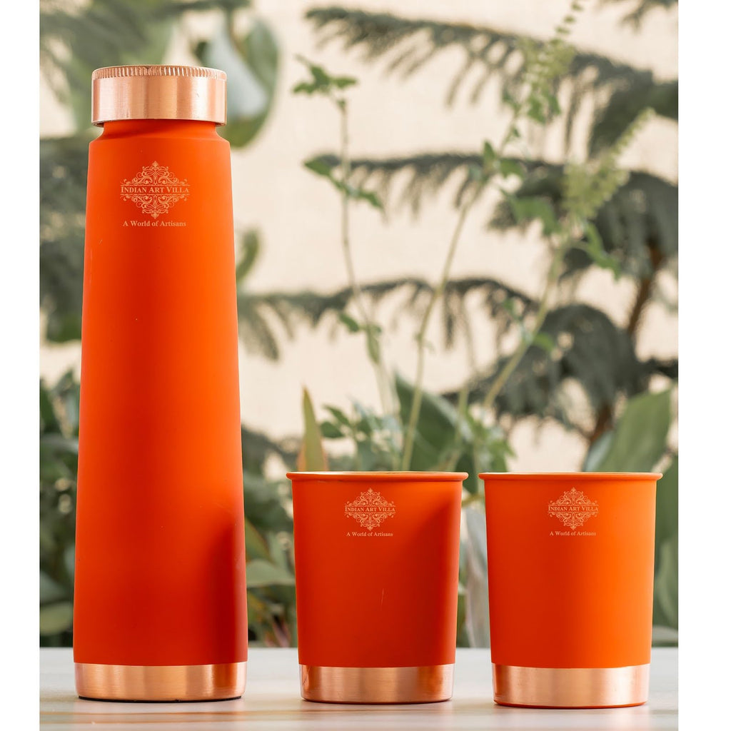 INDIAN ART VILLA Copper Bottle & Glass Gift Set - 800 ml Water Bottle & 2 Glasses (300 ml Each) - Orange Pyramid Ombre Silk Finish, Perfect for Gifting & Everyday Use