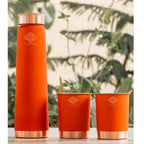 INDIAN ART VILLA Copper Bottle & Glass Gift Set - 800 ml Water Bottle & 2 Glasses (300 ml Each) - Orange Pyramid Ombre Silk Finish, Perfect for Gifting & Everyday Use