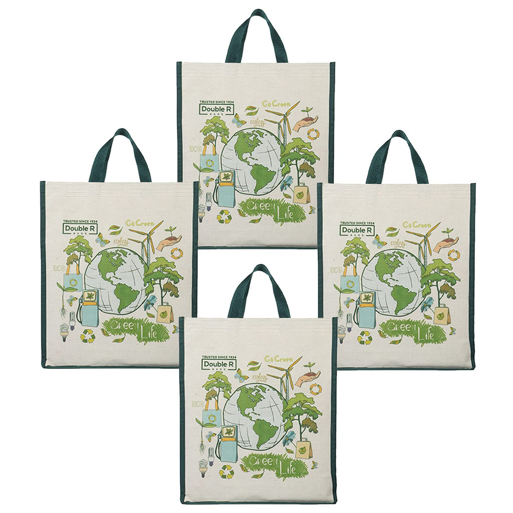 DOUBLE R BAGS Unisex Eco-Friendly Reusable Cotton Canvas Casual Bag with Reinforced Handles (Green Life, 40.6x35x10 cm) | Multi-Purpose Grocery, Kitchen Essentials, Fruits & Veggies Bag | Pack of 4