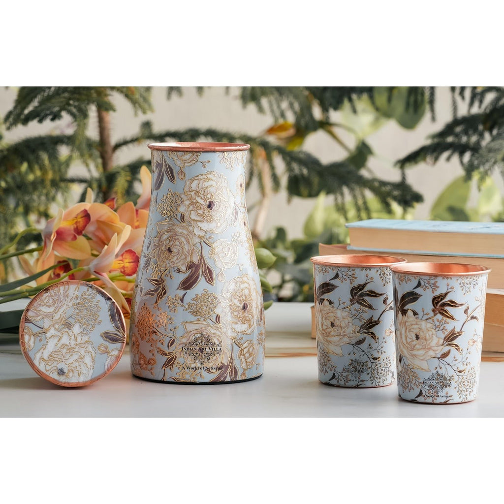 INDIAN ART VILLA Copper Gold Printed Bedroom Bottle with 2 Glass Set – 900 ML Bottle & 300 ML Glasses, Ayurvedic Drinkware Gift Set for Home, Office, and Gifting