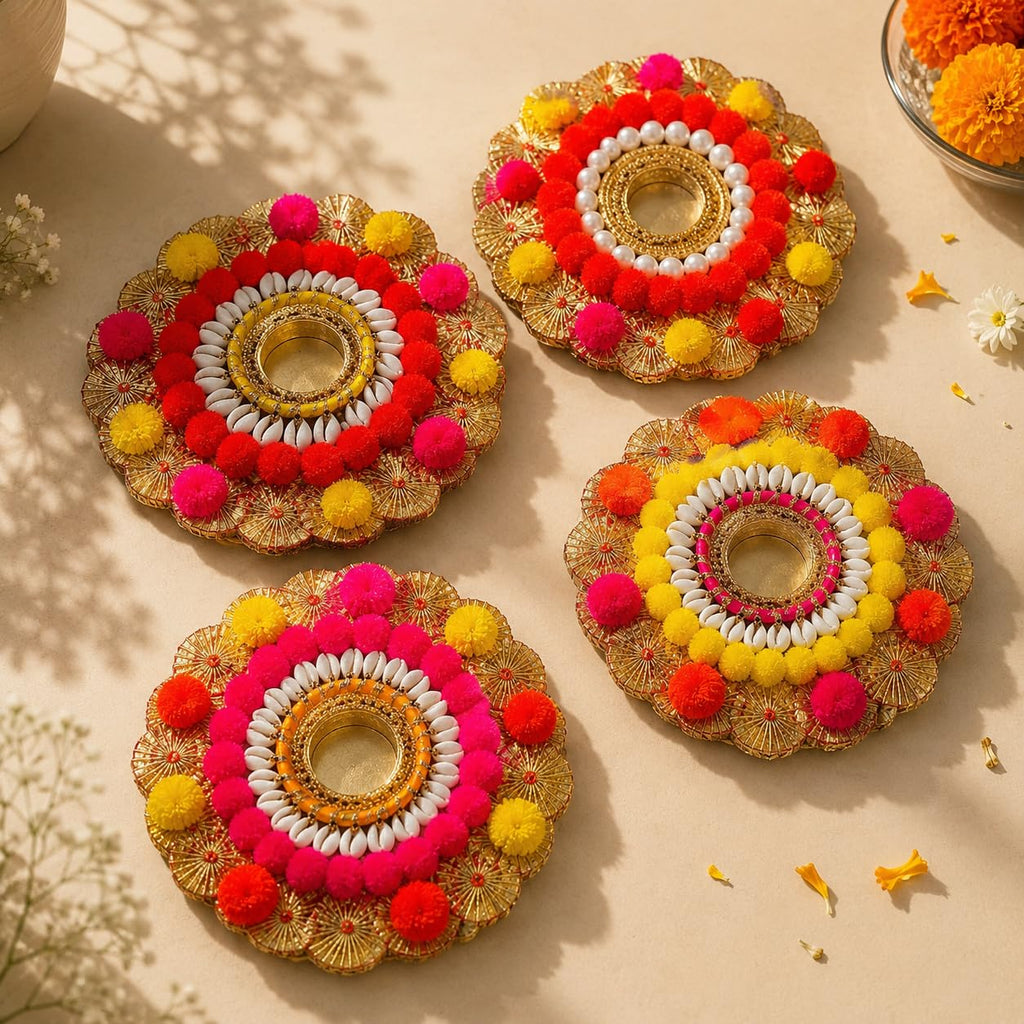 Rajasthan Kraft Handmade Tealight Candle Holder Set of 4 for Diwali Decoration | Decorative T-Light Holder with Cowrie Shell & Pom Pom Design | Festive Home Décor for Puja, Rangoli, Wedding | 3x3 Inch