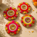 Rajasthan Kraft Handmade Tealight Candle Holder Set of 4 for Diwali Decoration | Decorative T-Light Holder with Cowrie Shell & Pom Pom Design | Festive Home Décor for Puja, Rangoli, Wedding | 3x3 Inch