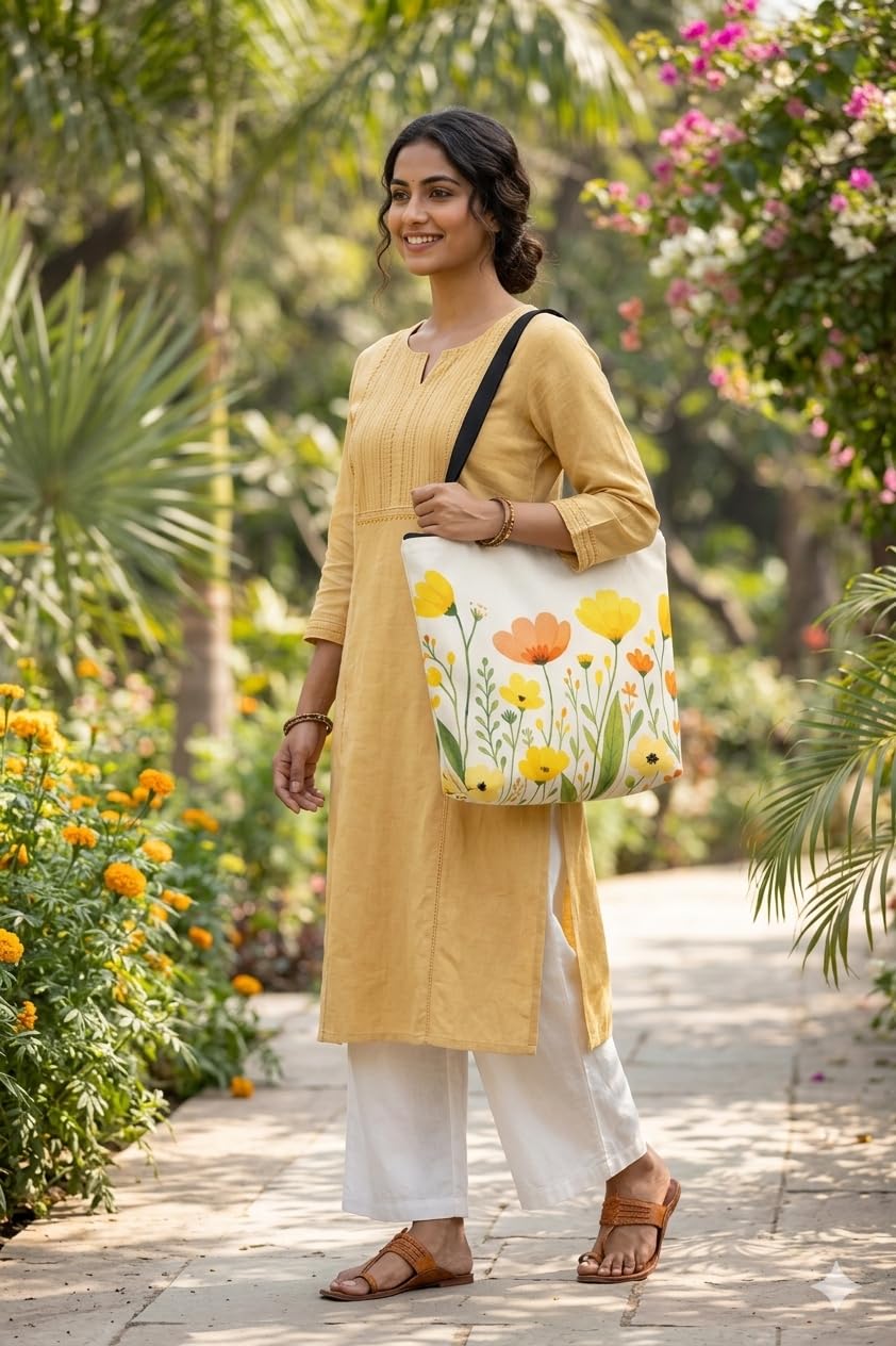 HOMELYA Large Cotton Canvas Zippered Tote Bag for Women | Reusable Eco-Friendly Shoulder Carry Bag | Spacious Shopping, Office & College Handbag (Daisy Bloom)