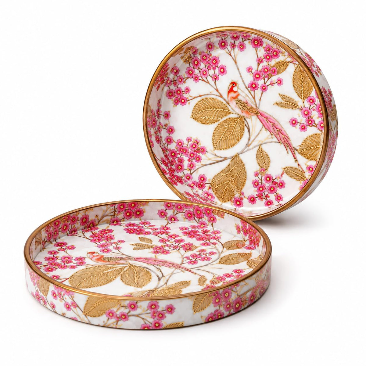 Dreams n Decor Pink Blossom Round Wooden Tray Set of 2 | MDF Serving Tray with Bird & Floral Enamel Print | Decorative Tray for Home, Coffee Table & Gifting | 7 & 9 Inch