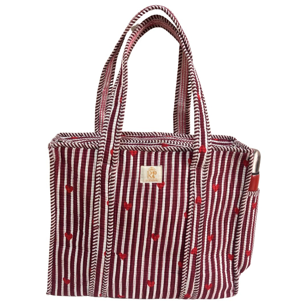 The House of RajPadmini Floral Quilted Cotton Shopping Tote Bag, 16x16 inches, Striped Trim, External Bottle Pocket (Heart Red (250 GSM Cotton))