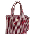 The House of RajPadmini Floral Quilted Cotton Shopping Tote Bag, 16x16 inches, Striped Trim, External Bottle Pocket (Heart Red (250 GSM Cotton))