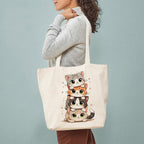 Heu Cute Cat Stack Printed Canvas Tote Bag | Eco-Friendly Reusable Cotton Shoulder Bag | Cartoon Kawaii Shopping Tote for Women & Girls