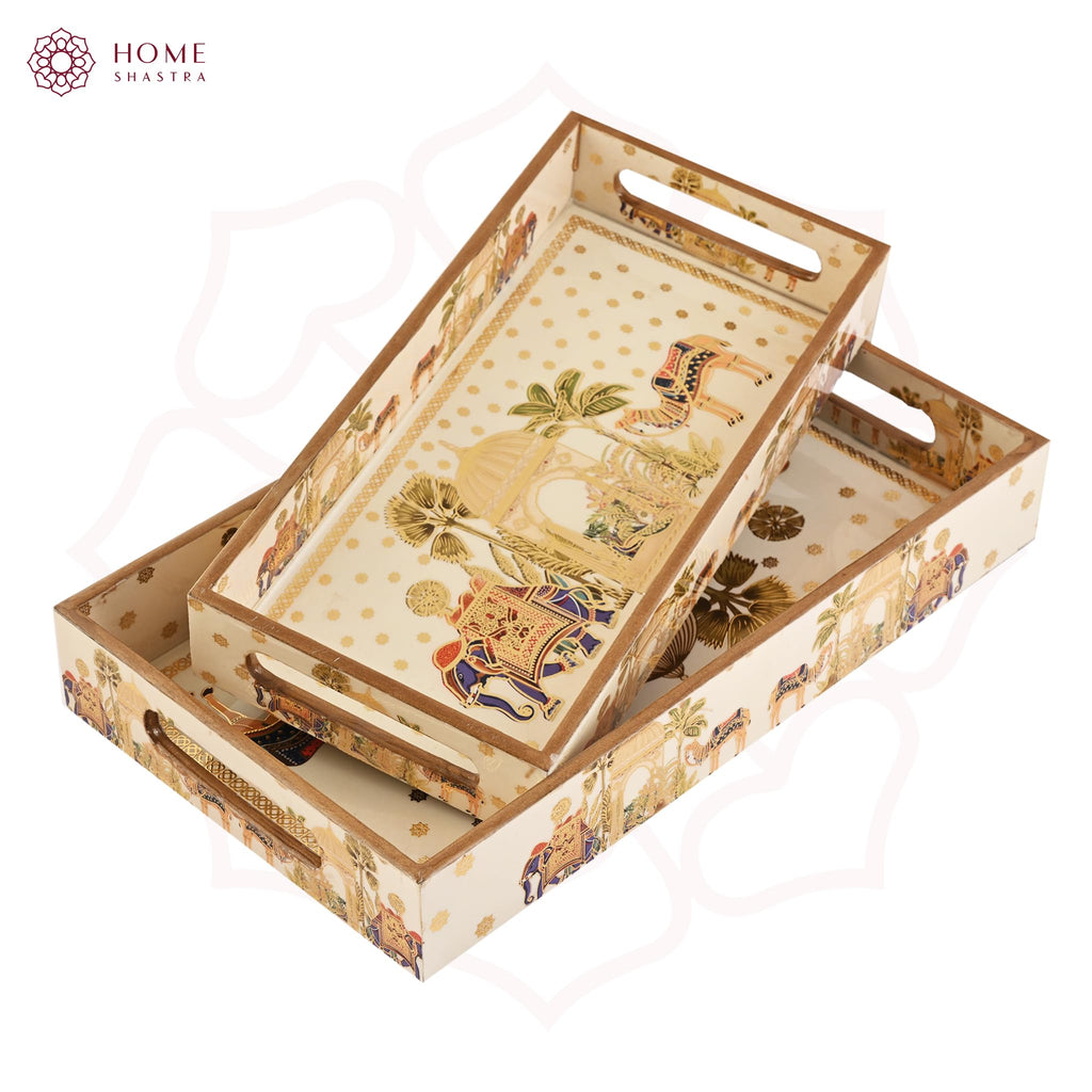 HomeShastra® Wooden Serving Tray with Gold Engraving | Set of 2 | Size : 14 x 8 inch & 12 x 6 inch | Enamel Coated Waterproof | Rectangular | Decorative Trays | Royal Camel Medium & Small