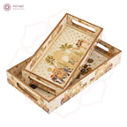 HomeShastra® Wooden Serving Tray with Gold Engraving | Set of 2 | Size : 14 x 8 inch & 12 x 6 inch | Enamel Coated Waterproof | Rectangular | Decorative Trays | Royal Camel Medium & Small