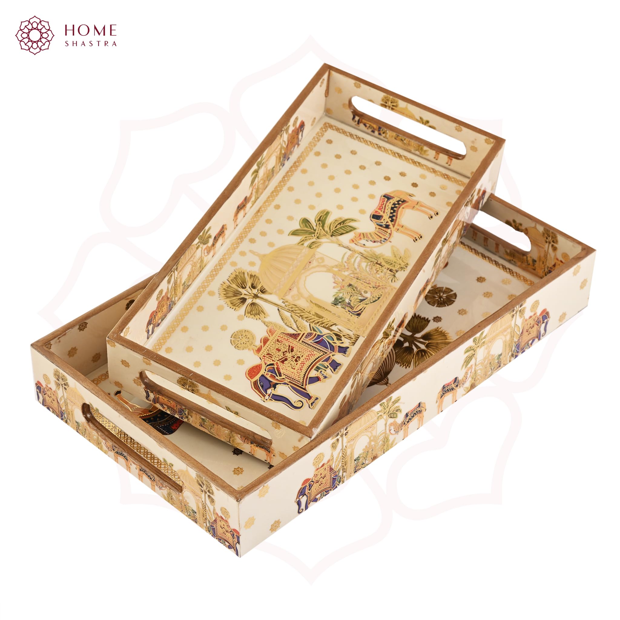 HomeShastra® Wooden Serving Tray with Gold Engraving | Set of 2 | Size : 14 x 8 inch & 12 x 6 inch | Enamel Coated Waterproof | Rectangular | Decorative Trays | Royal Camel Medium & Small