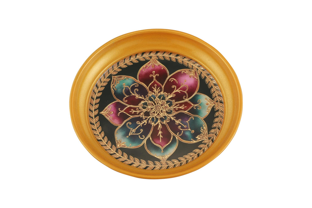 R Ayurveda Copper Mandala Metal Tray - 6 Inch Decorative Round Platter for Wedding & Birthday Gifts - Artistic Handcrafted Design Gold Finish Gold Foiling for Home Decor with Printed Gift Box