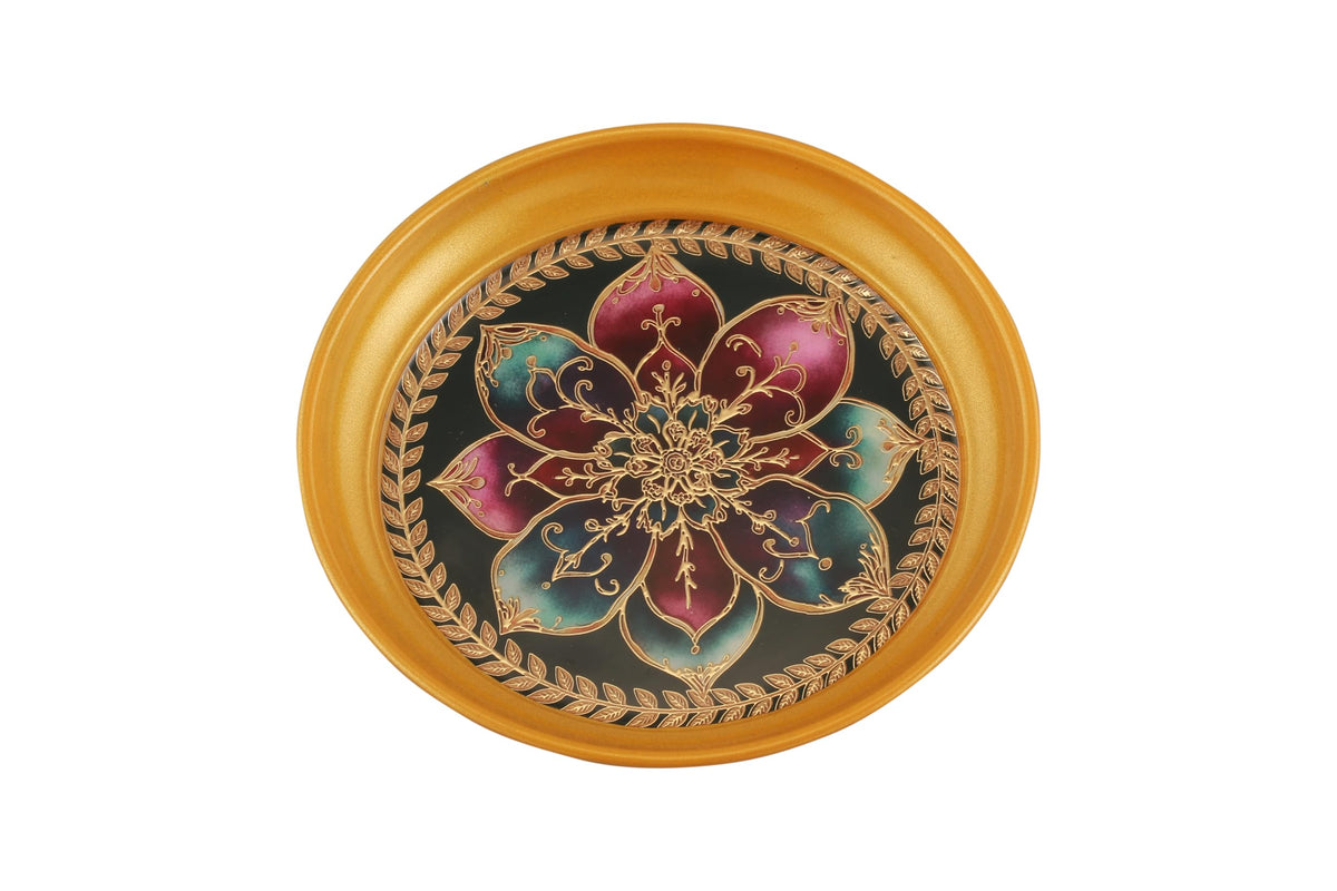 R Ayurveda Copper Mandala Metal Tray - 6 Inch Decorative Round Platter for Wedding & Birthday Gifts - Artistic Handcrafted Design Gold Finish Gold Foiling for Home Decor with Printed Gift Box