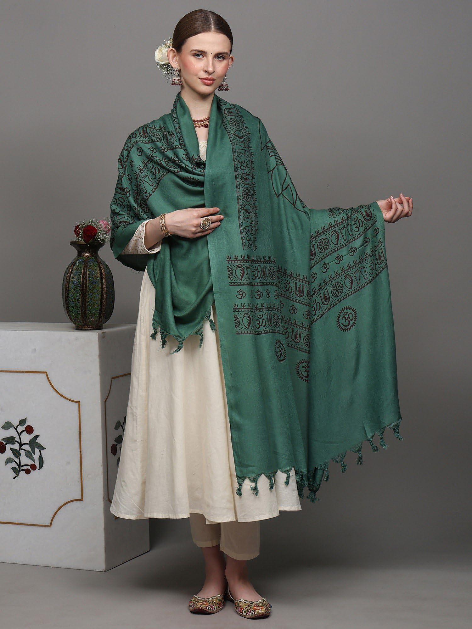 Exotic India Women's Green Printed Ganesha Prayer poly cotton Shawl