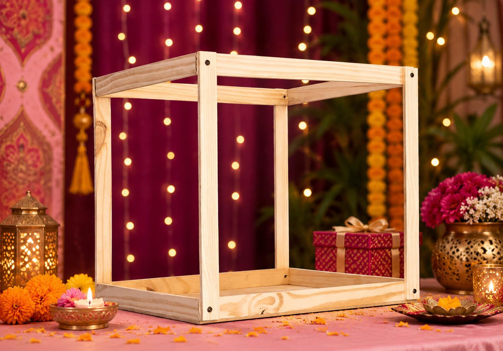 SATYAM KRAFT 1 Piece Square Foldable Folding Wooden Makhar Mandap for Ganpati Decoration Setup for Home DIY Pandal Pooja Decoration Backdrop Stand for Janmashtami, Pooja, Festival Decor