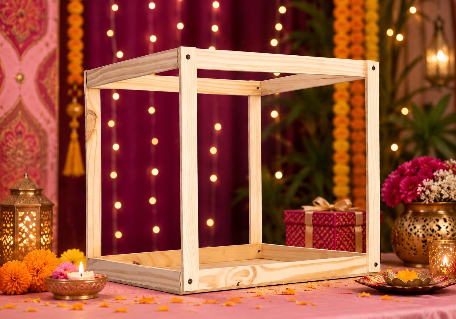SATYAM KRAFT 1 Piece Square Foldable Folding Wooden Makhar Mandap for Ganpati Decoration Setup for Home DIY Pandal Pooja Decoration Backdrop Stand for Janmashtami, Pooja, Festival Decor