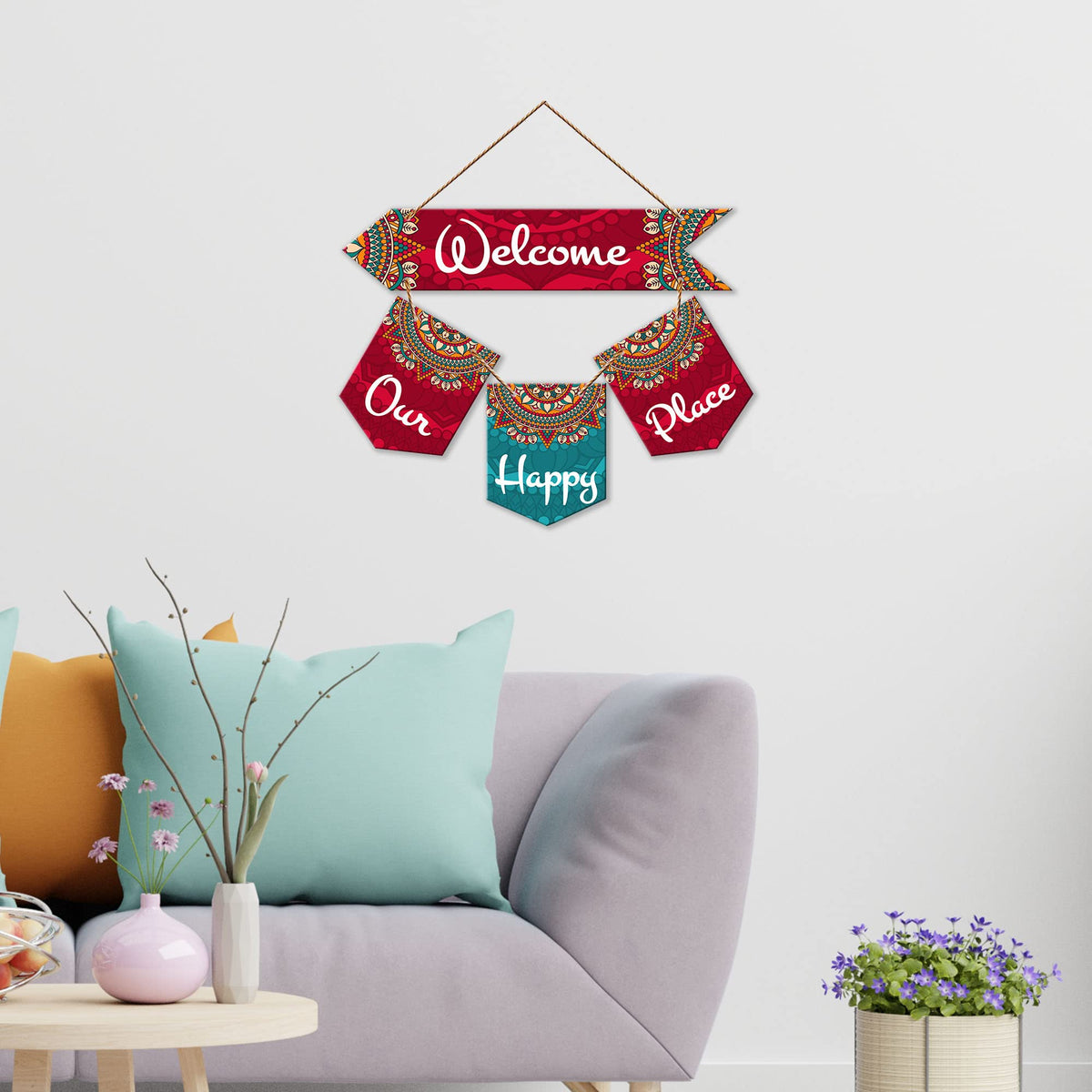 Artvibes Welcome Our Happy Place Wooden Wall Hanger for Gateway | Quotes Decor Item | Door Quotes Hanging | Wall Poster | Modern Decor Items | Gift Items for Home Decor | Wall Accent (WH_6420N)