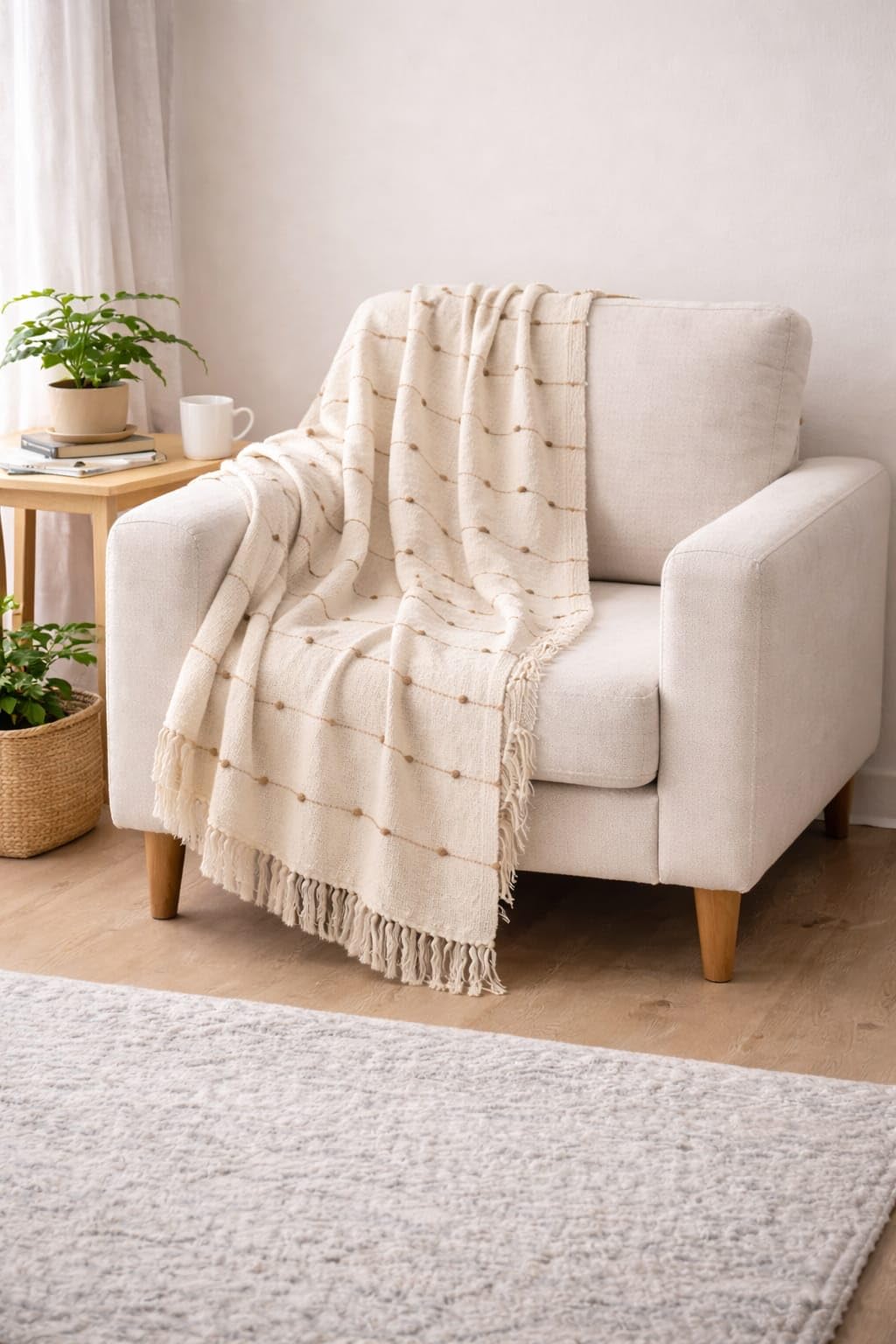 Tarantaran Home Hand-Knitted Cotton Sofa Throw | All-Season Throw Blanket for Sofa, Bed, Couch, Chair & Travel | 80×52 Inches (204×132 cm)(Beige & Royal Orange) Kafalo