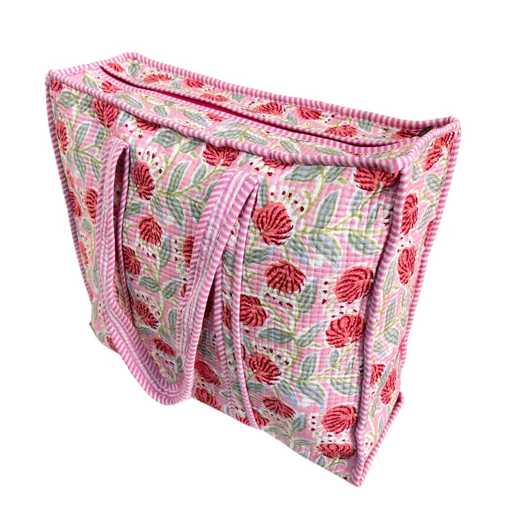 Bazaar Bhoot Edition Premium Cotton Quilted Shopping Tote Bag - Multipurpose Long Lasting Foldable Reusable Bag with zipper for Shopping, Travel & Daily Use - Made in India (Floral Pink)