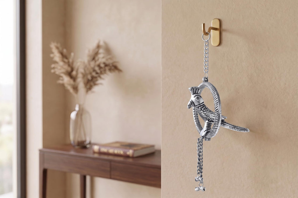 KridayKraft Small Ring Parrot Silver Wall Hanging Decor – Handcrafted Metallic Bird Showpiece for Living Room, Balcony, and Home Decoration.