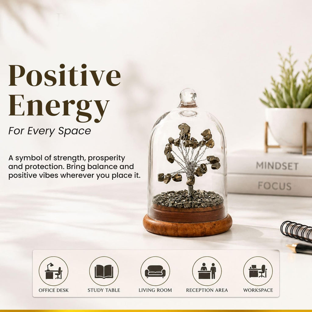 BhagyaG Pyrite Crystal Tree with Glass Dome & Wooden Base | Natural Pyrite Stone Money Tree Showpiece for Home, Office, Study Table & Décor | Elegant Gemstone Tree Gift