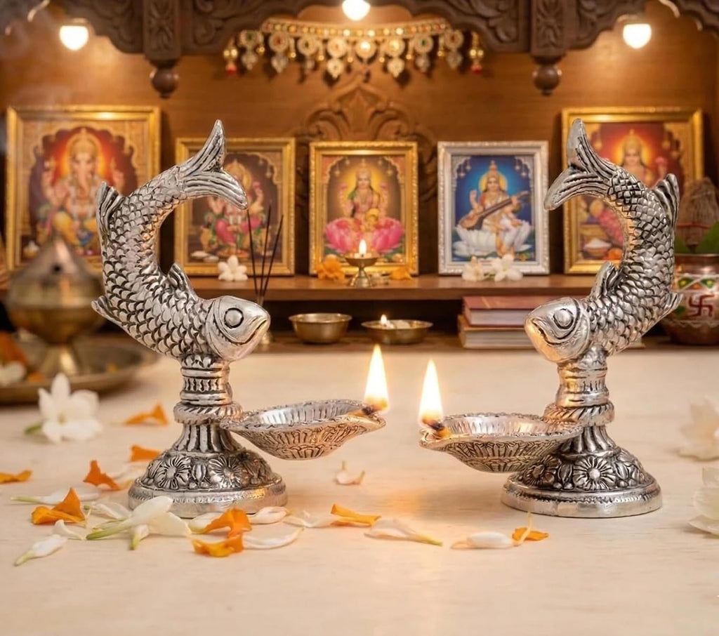 KridayKraft Fish Shaped Diya Set of 2 pcs – Traditional Diya for Puja & Home Decor Aluminium (Pack of 2)