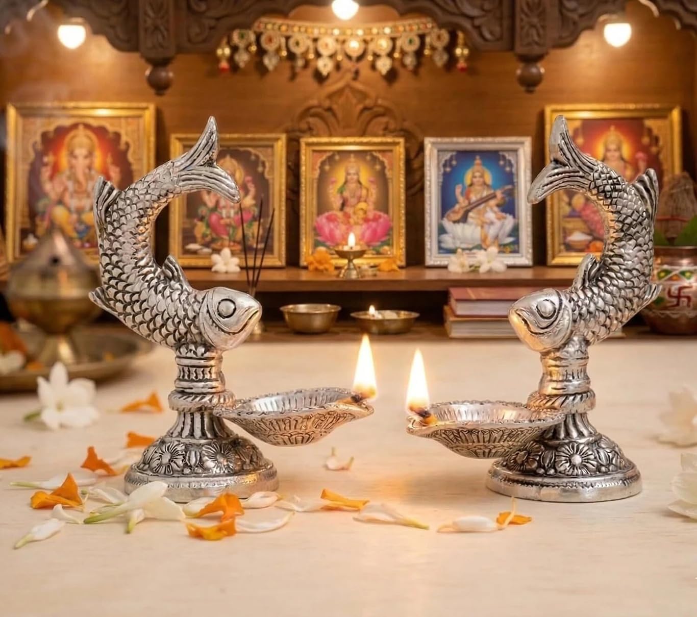 KridayKraft Fish Shaped Diya Set of 2 pcs – Traditional Diya for Puja & Home Decor Aluminium (Pack of 2)