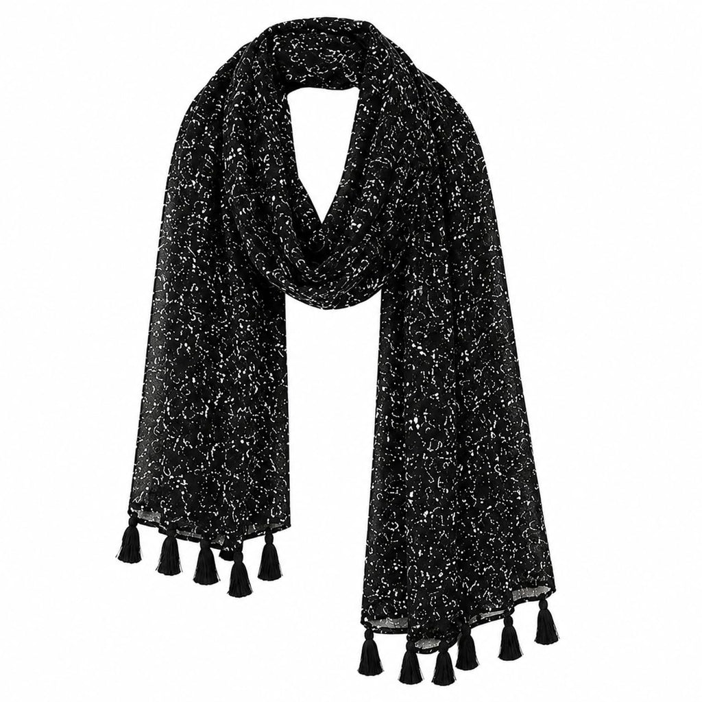 Women's Black Chiffon Scarf with Tassel Ends, Abstract Print